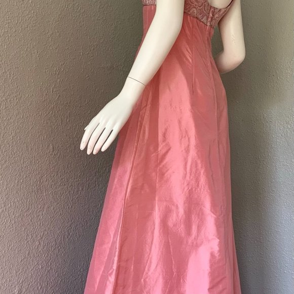 NOS Vintage WEDDING Pink SILK Empire Bridal DAMASK Formal Prom Dress XS - Picture 3 of 11